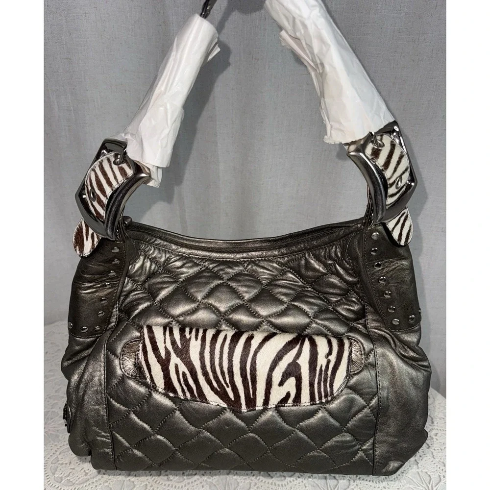 NEW Carlos Falchi Chi‎ Purse Quilted Metallic Zebra Calf Hair Hobo Shoulder Bag
